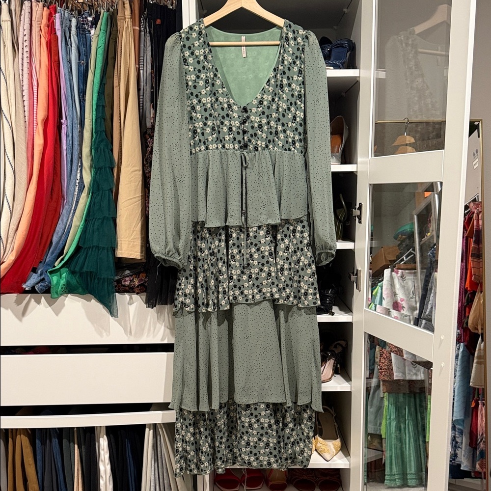 Green Floral Long Sleeve Dress